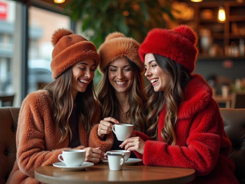 Trei femei zâmbitoare, îmbrăcate în haine de iarnă colorate, stau la o masă și beau cafea.