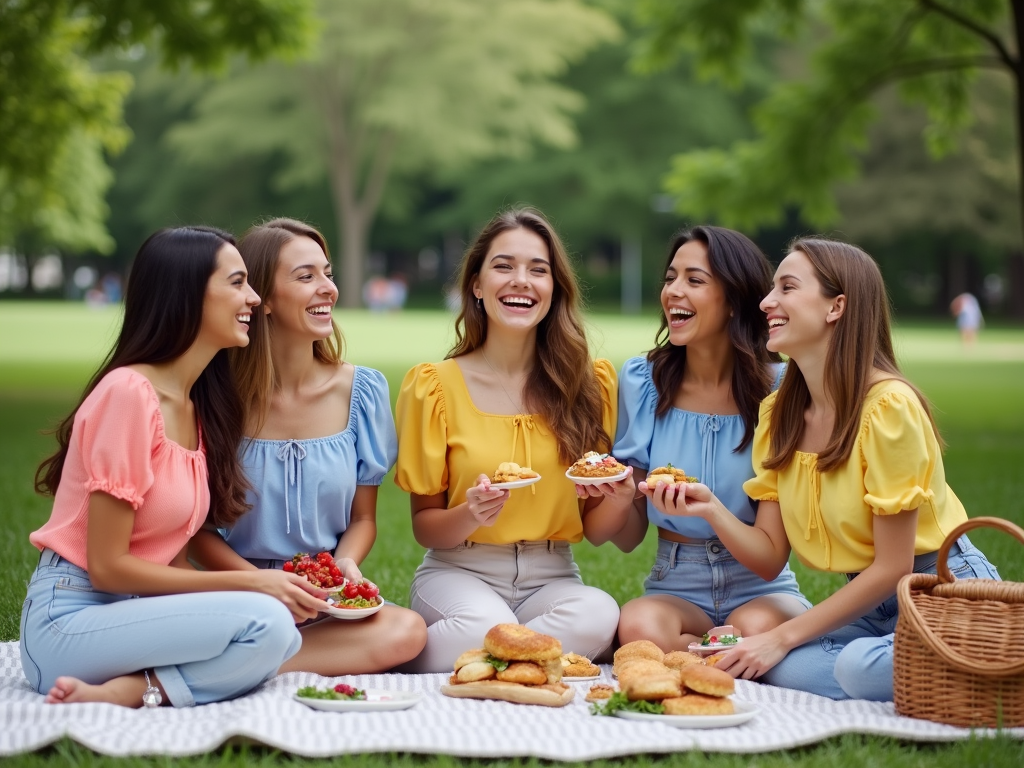 Cinci prietene râzând și mâncând la picnic în parc.