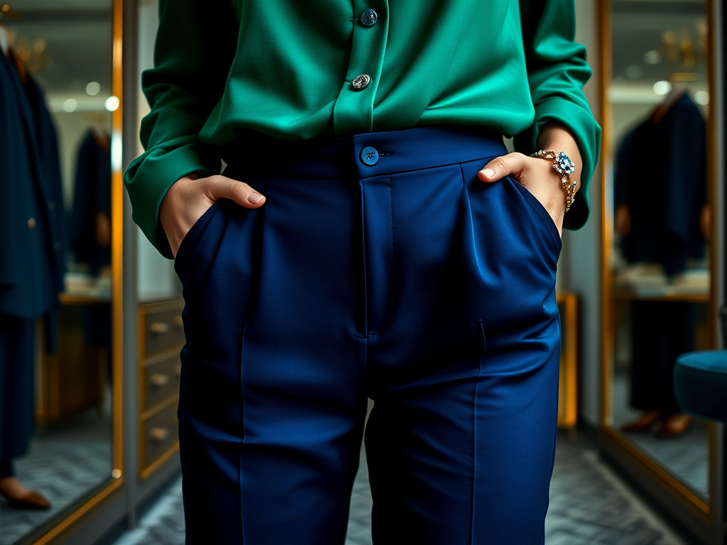 O femeie poartă o bluză verde și pantaloni albastri, având mâinile în buzunare, într-un magazin de haine.