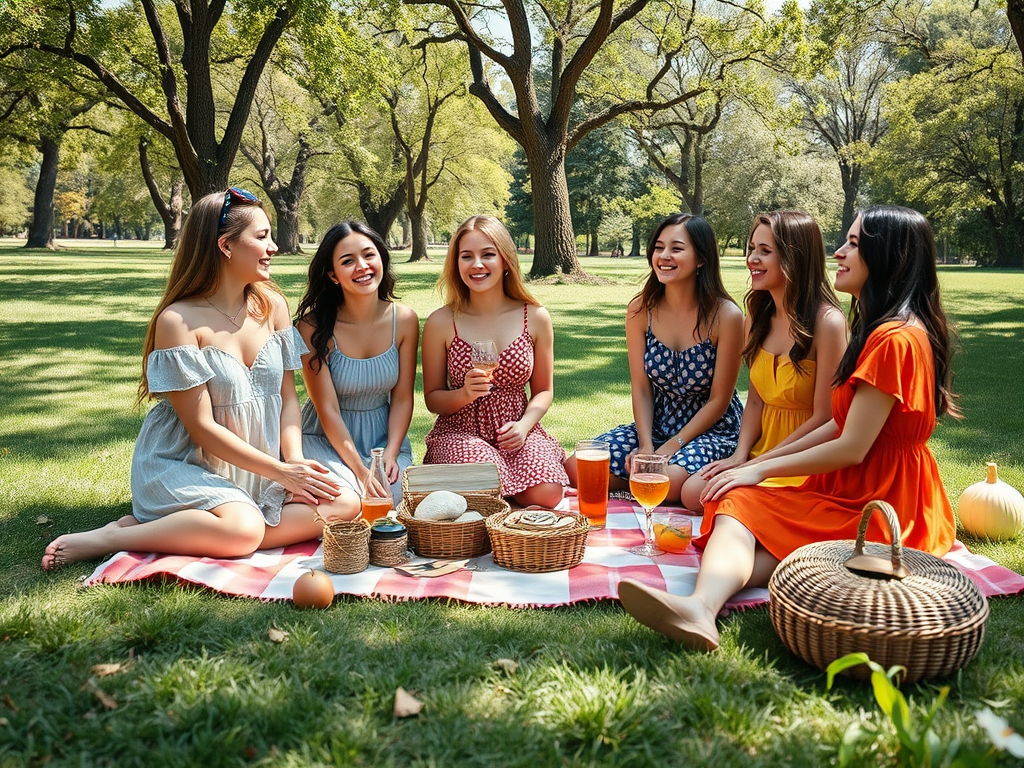 Grup de șase fete zâmbind și petrecând timp împreună la un picnic pe o pătură în parc, înconjurate de copaci.