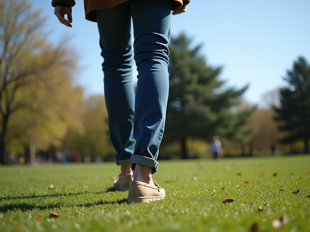 Picioarele unei persoane care merge pe iarbă în parc, într-o zi însorită de primăvară.