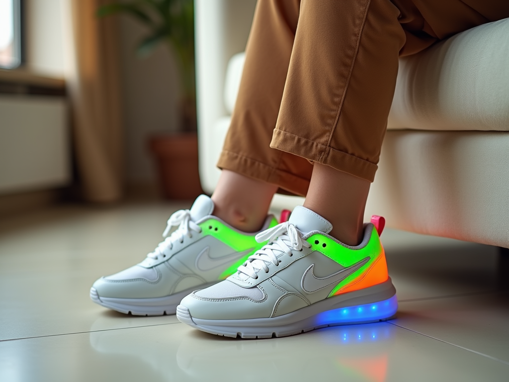 Pantofi sport cu LED-uri, culoare neon, purtați de o persoană așezată pe un scaun într-o cameră luminoasă.