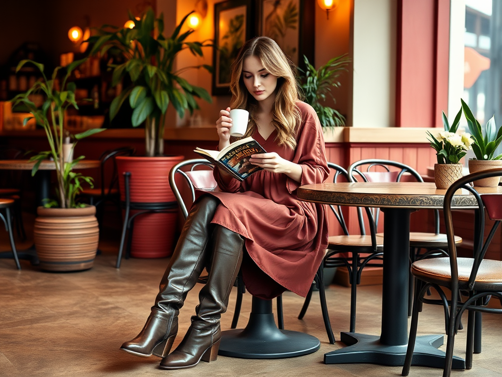 O tânără citește o carte în timp ce savurează o ceașcă de cafea, într-un café elegant. Plante verzi în fundal.